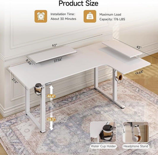 L Shaped Standing Desk, 63x43'' Electric L Stand Up Desk with 2 Adjustable Monitor Shelves, Dual Motor and Memory Controller, Adjustable Height from 28-46'' for Home and Computer Workstation, White