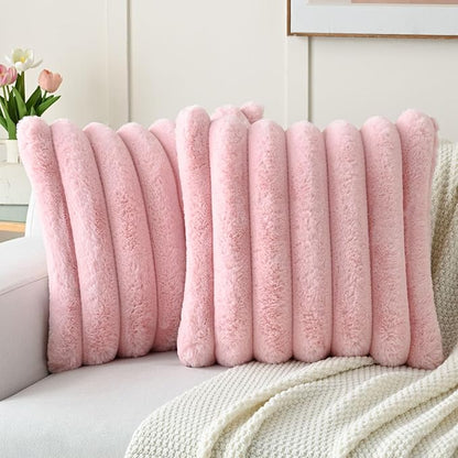 FUTEI Pink Decorative Throw Pillow Covers 18x18 Inch Set of 2, Square Soft Faux Rabbit Fur Thick Striped Cushion Cover,Winter Home Decor for Couch Bed Living Room
