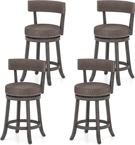 COSTWAY Bar Stools Set of 4, Upholstered Farmhouse Bar stools with Cushioned Seat & Backrest, Solid Wood Legs, Footrest, 26” Counter Height Swivel Stools for Kitchen Island, Pub (4, 26'' Seat Height)
