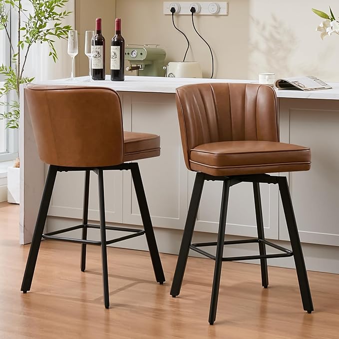 Swivel Counter Height Bar Stools Set of 2, 30'' Modern Barstools with Backs and Metal Legs, Upholstered Bar Chairs, Faux Leather Dark Brown Stools for Kitchen Island Chairs