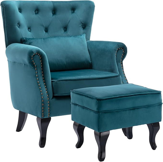 chairus Mid-Century Modern Accent Chair with Ottoman, Comfy Velvet Single Sofa Chair Button Tufted Wingback Armchair with Pillow for Living Room/Bedroom/Club - Teal