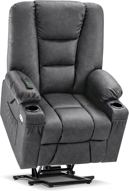 MCombo Large Power Lift Recliner Chair Sofa with Massage and Heat for Big and Tall Elderly People, 3 Positions, Cup Holders, and USB Ports, Faux Leather 7539 (Large, Dark Grey)