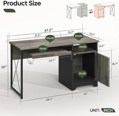 Bestier Office Desk with Keyboard Tray, Industrial Computer Desk with Storage, Reversible Executive Desk with File Cabinet for Home Office Bedroom, 47 inch Grey
