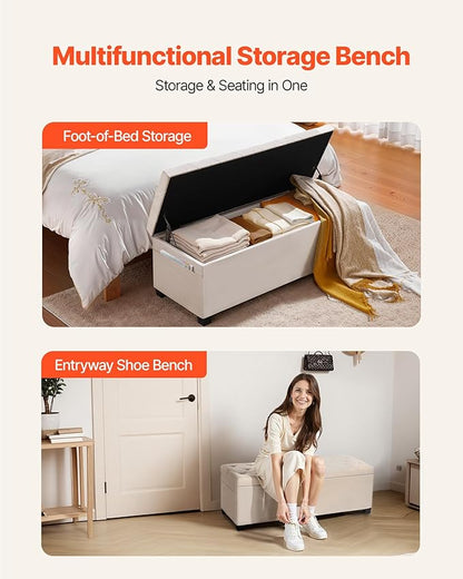 VEVOR Storage Ottoman Bench, End of Bed Bench with 2 Side Bags, Fabric Upholstered with Metal Frame, Toy Box Storage, Bed Benches for Foot of Bed, Bench for Entryway, Living Room, Playroom, Beige