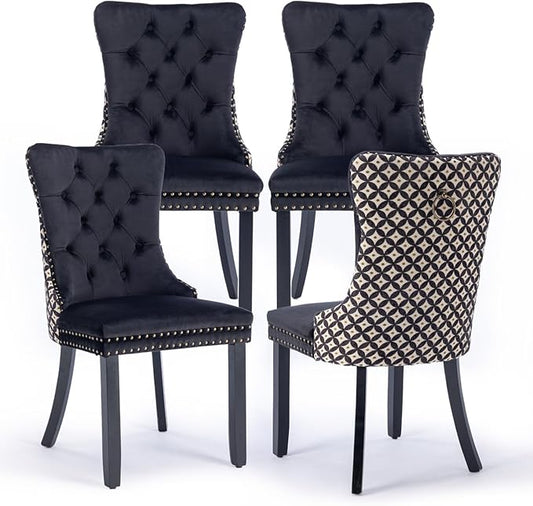 Velvet Upholstered Dining Chairs Set of 4, Modern Style Kitchen Side Chairs with Nailhead Trim and Wood Legs,Metal Pulling Ring for Dining Room Living Room(Quadrangular Star&Black)
