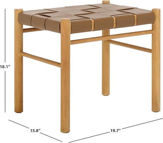 SAFAVIEH Couture Collection Devnie Brown Woven Leather & Natural Solid Wood Ottoman (Fully Assembled)