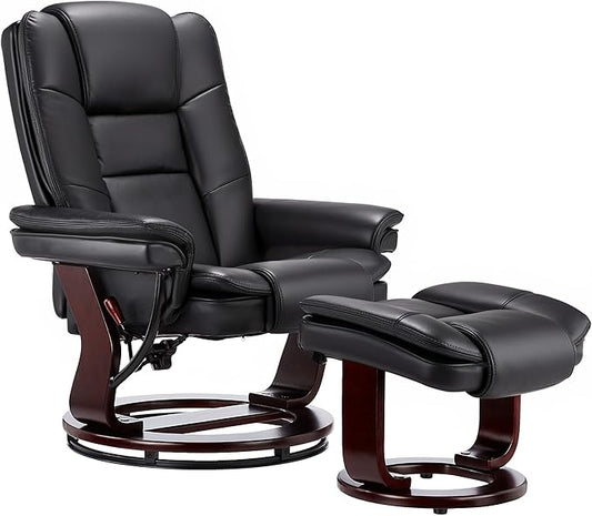 JC Home Argus Swivel Recliner with Ottoman, PU Leather & Wood Base Reclining Chair with Footrest, Ultra-Plush Double Foam for Living Room, Bedroom and Office