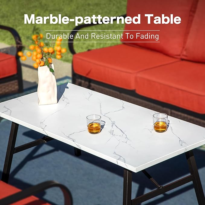 6 Piece Metal Outdoor Patio Furniture Set, Patio Conversation Set with Swivel Chair and 5.75" Thick Cushion & Coffee Tabl, Outdoor Seating Black Frame Backyard Furniture, Rust Red