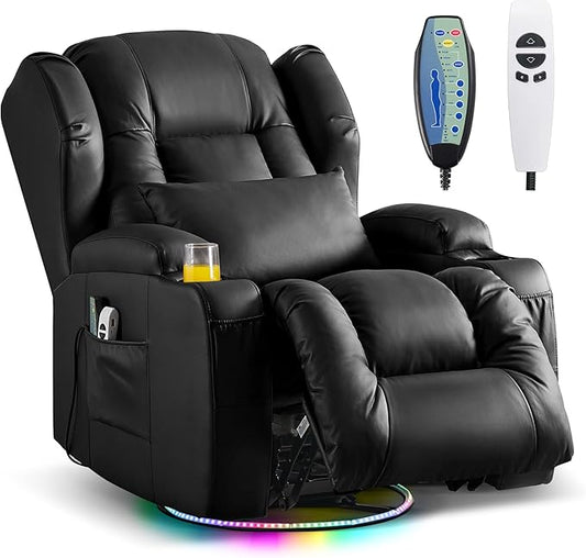 Power Swivel Rocker Recliner Chairs, Electric Wall Hugger Reclining Sofa with Massage & Heat, Comfy Theater Seating Single Chair with LED Light/USB/Type-C Ports (Leather Black, Single Chair)