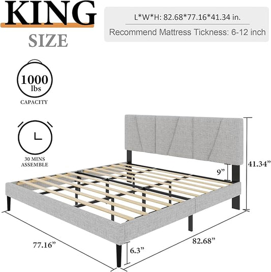 King Size Platform Bed Frame with Upholstered Headboard, Wooden Slats Support, Noise Free, No Box Spring Needed, Easy Assembly, Light Grey, Linen
