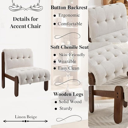 HEAH-YO Accent Chair Set of 2,Modern Vintage Living Room Chair for Bedroom with Button Tufted Back and Wood Legs,Upholstered Comfy Reading Chair for Makeup Vanity Cafe,Chenille Beige