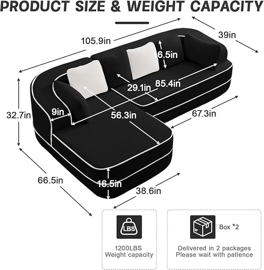 Cloud Sectional Sofa Modern Boneless Couch for Living Room, Comfy Deep Seat Comfy Teddy Fabric Double Sofa Chaise No Assembly Required (Black, 106" L Shape with Left Facing)