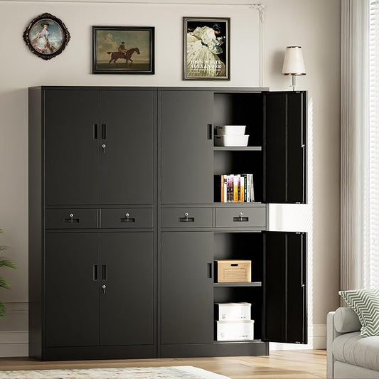 Metal Storage Cabinet，71" Garage Storage Cabinet with 2 Locking Drawer and 4 Adjustable Shelves ，Black Tool Cabinet，Lockable File Steel Cabinet for Home, Office, Gym, School.