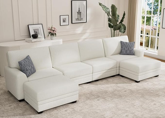 Wanderwell Oversized Modular Sectional Sofa, 6-Seater U Shaped Couches with Movable Ottoman,Corduroy Sectional Couch with Wide and Deep Seats Suitable for Living Room,Bedroom,Apartment (Cream, U-6)