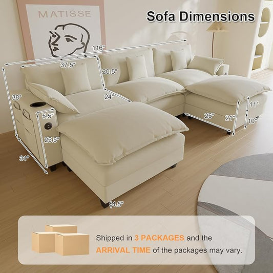 Cloud Couch, Modular Sectional Sofa with Ottoman, Charging Station, Throw Pillows, Cup Holders, Modern Convertible L Shaped Couches for Living Room, Bedroom (White, 116"- U Shape)