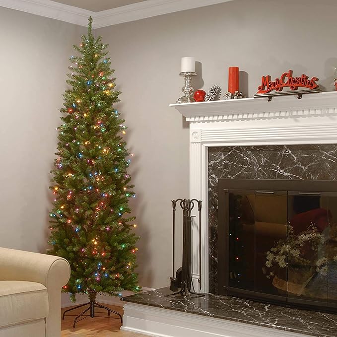 National Tree Company Artificial Pre-Lit Slim Christmas Tree, Green, Kingswood Fir, Multicolor Lights, Includes Stand, 7.5 Feet