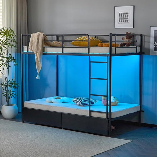 Karl home Metal Bunk Bed Twin Over Twin with 2 Storage Drawers, with USB Charging Station and LED Lighted, Safety Guardrail & Ladder, Easy Assembly, Space Saving, No Noise, No Box Spring Needed, Black