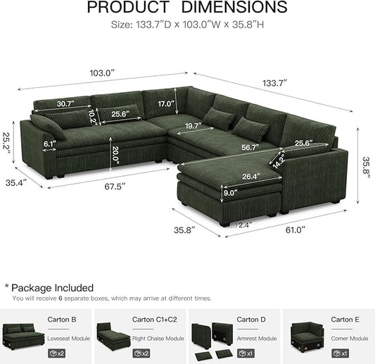Belffin Large Modular Sectional Sofa with Deep Chaise, Corduroy U Shaped Couch with 9" Soft Dual-Layer 7 Seats Cushion for Living Room, Apartment, Green