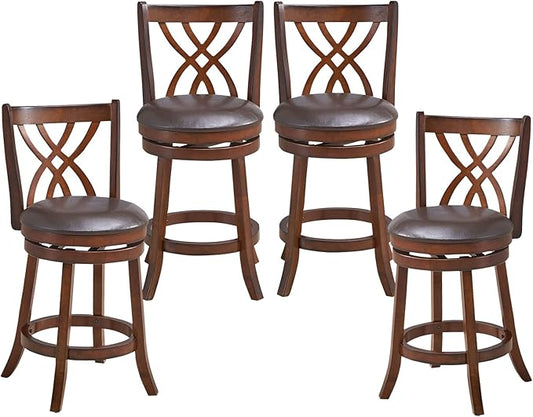 COSTWAY Bar Stools Set of 4, 360° Swivel Chairs with Rubber Wood Frame, 26 in PU Leather Cushioned Seat and Footrests, for Kitchen Island, Dining Room, Bar (Brown-26 inches, 4 stools)