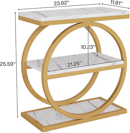 Tribesigns End Table with Storage Shelves Pack of 2, 3-Tier Wooden Industrial Sofa Side Table with Black Metal Frames for Living Room, Slim Nightstand and Bedside Table for Bedroom, White & Gold