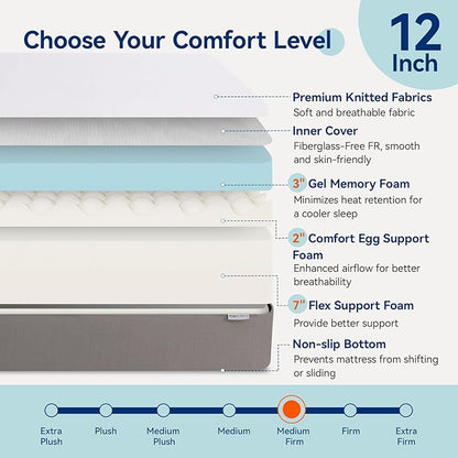 Amazon Basics Memory Foam Mattress, Medium Firm, 12 Inch, Queen, White/Grey