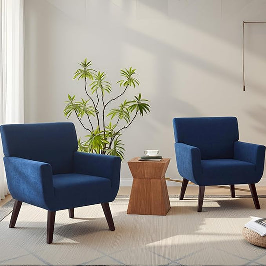Upholstered Accent Chair,Mid Century Modern Office Fabric Small Living Room Chair with Arm,Comfy Wingback Armchair for Bedroom Reading (Blue, 2 PC)