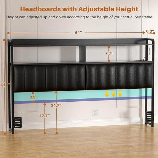 Aheaplus Headboard for Queen Size Bed Frame, Upholstered Headboards with Outlets, USB Ports and LED Light, Leather Head Board with Storage, Height Adjustable, Comfortable Headboard, Queen Size, Black