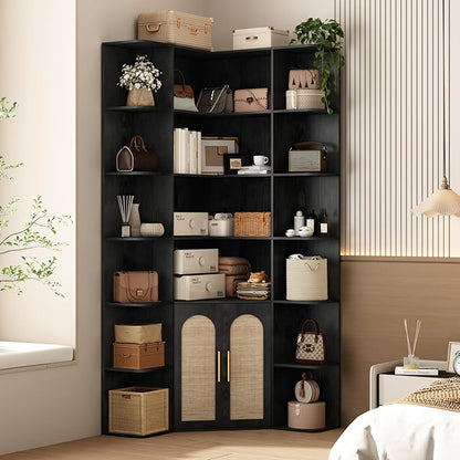 74" Tall Corner Bookshelf with 2 Arched Rattan Doors, 6-Tire L Shaped Bookcase with 16 Open Storage Shelves, Boho Large Corner Shelf with Cabinet for Living Room, Home Office