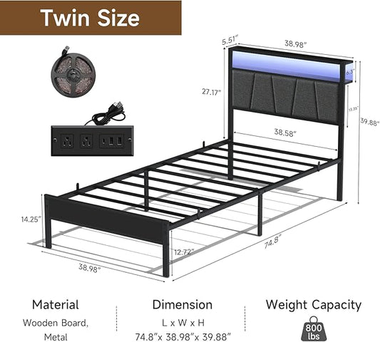 Z-hom Twin Bed Frame with Upholstered Headboard and Footboard, Metal Platform with Dual Storage Compartments, LED Lights and USB Ports, Easy Assembly, Grey