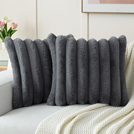 FUTEI Dark Grey Decorative Throw Pillow Covers 16x16 Inch Set of 2, Square Soft Faux Rabbit Fur Big Striped Cushion Cover,Home Decor for Couch Sofa Bed Living Room