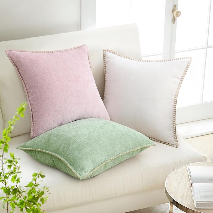 decorUhome Chenille Soft Throw Pillow Covers 18x18 Set of 2, Farmhouse Velvet Neutral Decorative Euro Pillow Covers with Stitched Edge for Couch Sofa Bed Home Decor, Blush Pink