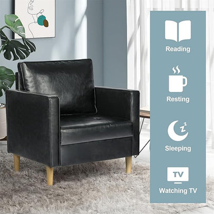 STHOUYN Faux Leather Comfy Black Accent Arm Chair Single Sofa Living Room, Bedroom Chair Reading Chairs for Adults, Suitable for Small Spaces Office Couch, Easy Assembly