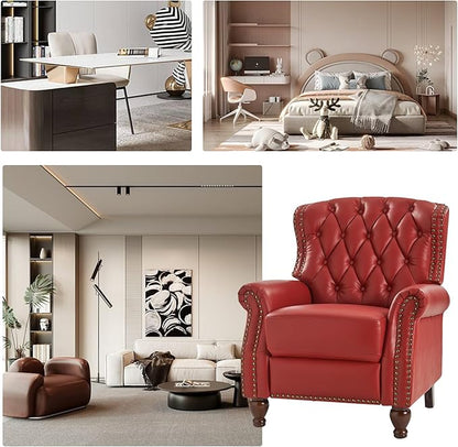 HULALA HOME Genuine Leather Recliner Chair Set of 2 w/Solid Wood Feet, Modern Adjustable Tufted Push Back Arm Chair w/Rivet Decoration, Home Theater Seating Reclining Sofa for Living Room, RED