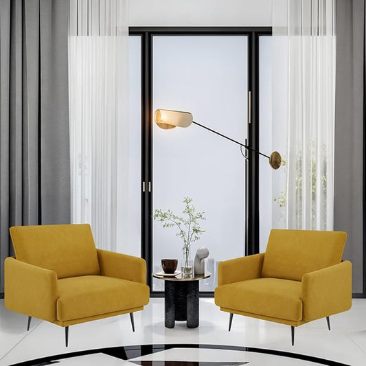 Oversized Accent Chair for Living Room Chairs Reading Arm Chair Comfy Modern Single Sofa Side Chairs with Metal Legs & Soft Cushion for Bedroom, Waiting Room (Velvet Yellow, Set of 2)