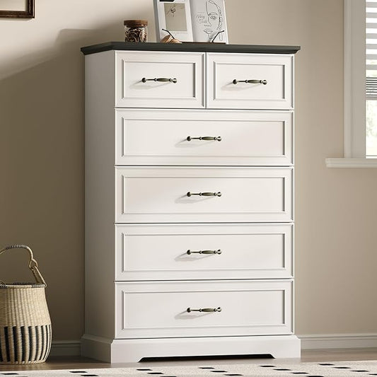Farmhouse 6 Drawers Dresser for Bedroom, 49" Tall Modern Chest of Drawers with Deep Drawers & Bar Handles, Rustic Wood Dresser TV Stand, Wooden Closet Storage Organizer for Living Room, Hallway, White