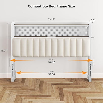 VINGLI Full Size Headboard Only, Adjustable Upholstered Headboard with 2 Tier Shelves and Pegboard with Charging Stations and LED Lights, Modern Bed Headboard with Storage for Bedroom Decor