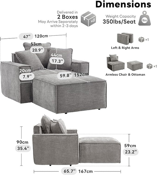 WILLOVE 47'' Single Sofa with Ottoman, Chenille Cloud Couch with Wide Armrests & 3 Pillows, Deep Seat Couches for Living Room, Grey