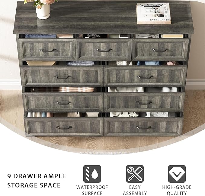 CARPETNAL Farmhouse Dresser and Nightstand Sets for Bedroom, 4 Pcs Bedroom Set, 5 Drawer & 9 Drawer Dresser and Nightstand Set of 2, Wood Chest of Drawers for Living Room, Entryway, Grey