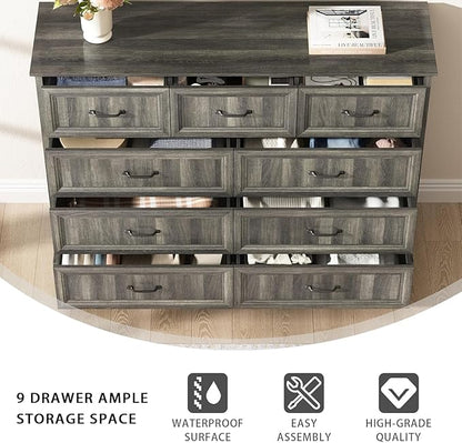 CARPETNAL Farmhouse Dresser and Nightstand Sets for Bedroom, 4 Pcs Bedroom Set, 5 Drawer & 9 Drawer Dresser and Nightstand Set of 2, Wood Chest of Drawers for Living Room, Entryway, Grey