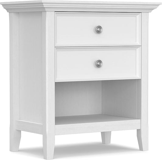 SIMPLIHOME Amherst Bedside Table - 24 inch Wide Solid Wood Nightstand Table in White, Transitional Bedroom Side or End Table with 2 Drawers, Open Storage Shelf and Bronze Hardware
