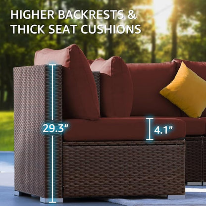 NICESOUL 6 Piece L-Shaped Modern Outdoor Furniture Set with Firepit Natural Gas/Propane, 29.3'' High-Back Deep Wide Seat Patio Conversations for Outside, Large Size Sofa, Brown Rattan and Red Cushion
