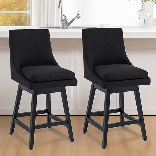 Bar Stools Set of 2, 26 Inch Upholstered Barstools with 14.2" High Back and Footrest, Swivel Counter Height Barstools for Kitchen Island Home Bar Performance Fabric Black