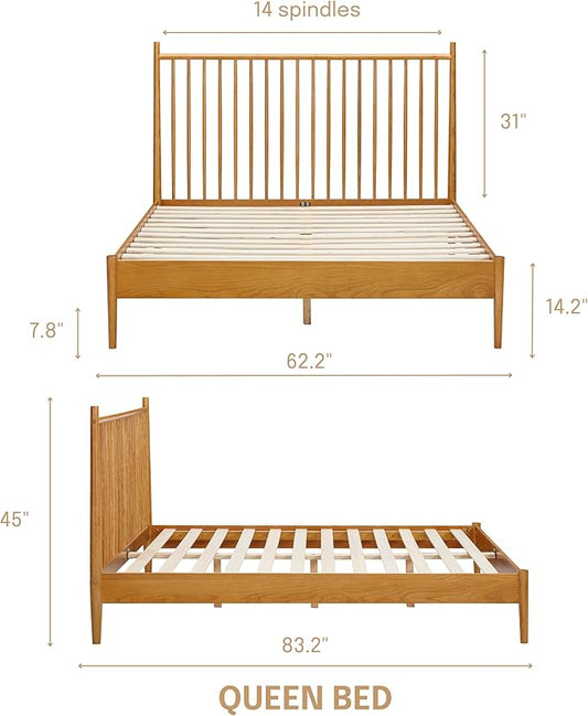 NTC Inno Wooden Bed Frame with Headboard, Solid Oak and Rubber Wood Foundation with Silent Slats and Wood Central Supports, 1000 Lb Capacity, Effortless Assembly, Queen Rustic - Oak