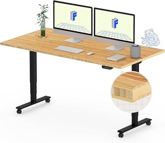 FLEXISPOT E6 MAX Bamboo 55x28 Inch Dual Motor 3-Stage Heavy Duty Standing Desk, 330lbs Weight Capacity, Height Adjustable Desk w/Cable Management & Wheels (Solid Bamboo Desktop + Black Frame)