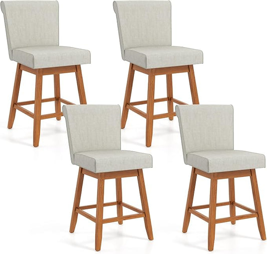 COSTWAY Swivel Bar Stools Set of 4, 27" Counter Height Bar Chairs with Rubber Wood Legs, Upholstered Linen Barstools with Back & Cushioned Seat, for Kitchen Island, Home, Beige