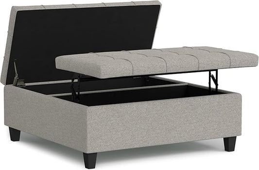 SIMPLIHOME Harrison 40 inch Wide Transitional Square Large Coffee Table Storage Ottoman in Cloud Grey , Assembled, For the Living Room and Bedroom