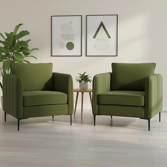 Velvet Accent Chairs Set of 2, Comfy Upholstered Single Sofa Chair Mid-Century Modern Armchair with Thick Cushion and Wood Frame Side Chair for Living Room Bedroom Apartment (Green)