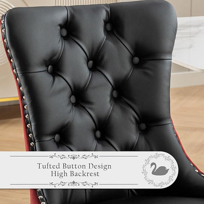 Leather Upholstered Dining Chairs Set of 4, Modern Style Kitchen Side Chairs with Nailhead Trim and Wood Leg, Metal Pulling Ring for Dining Room Living Room(Black&Wine Red)