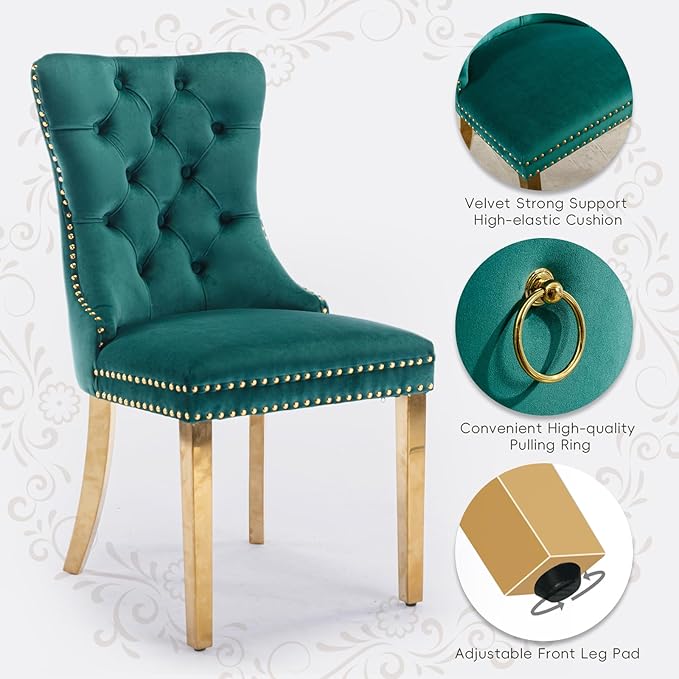 Velvet Upholstered Dining Chairs Set of 6, Modern Style Kitchen Side Chairs with Nailhead Trim and Gold Plated Leg, Metal Pulling Ring for Dining Room Living Room(Green,Set of 6)