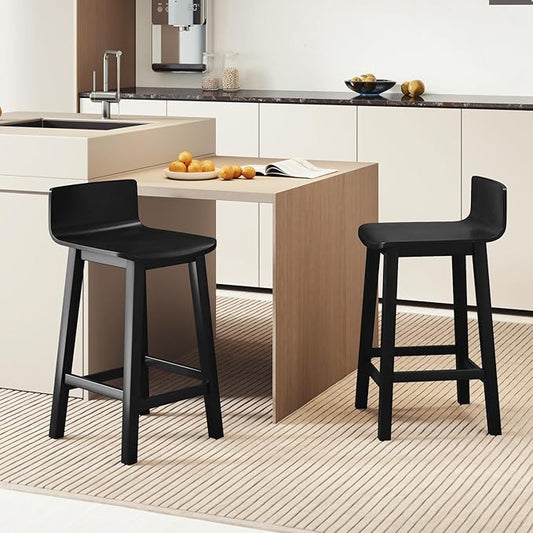 COSTWAY Solid Wood Bar Stools Set of 2, 24.5-inch Counter Height Chairs with Low Back and Footrest, Farmhouse Wooden Armless barstools for Kitchen Island, Dining Room, Cafe, Breakfast, Black